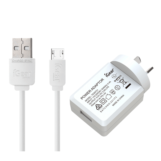 I Gear Charger & Cable Micro USB White with power adaptor and sync cable.