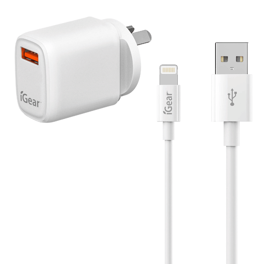 I Gear Charger & Cable 8 Pin to USB with white charger and USB cable for quick charging.