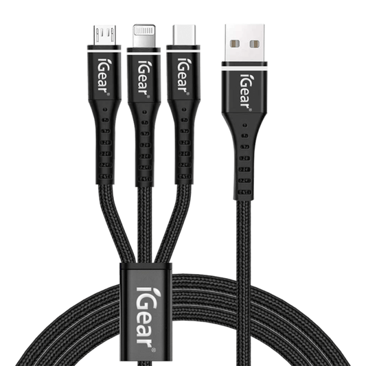 I Gear 3 in 1 Charge & Data Cable with multiple connectors in black, ideal for data transfer and charging.