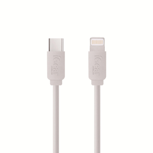 I Gear Charge & Data Cable USB C to Lightning White, showcasing both connectors for charging and data transfer.