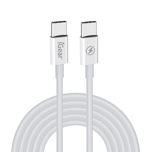 I Gear Charge & Sync USB C 60W 3m White charging cable with USB-C connectors.