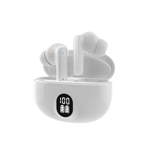 I Gear Wireless Earphones With Display shown in charging case with battery indicator.