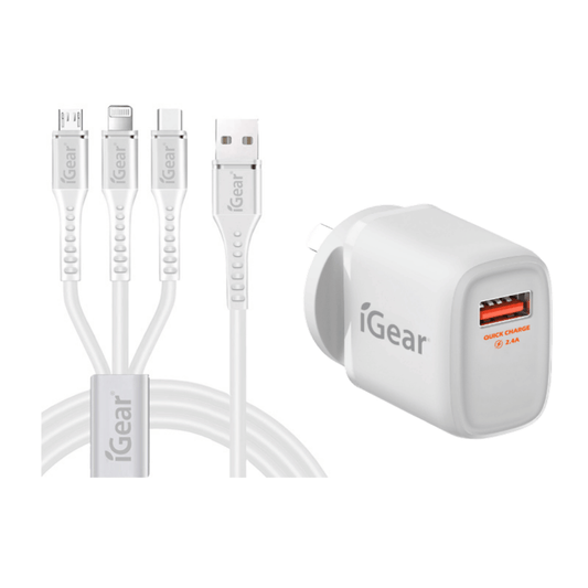 I Gear Charger & 3 in 1 Charge Cable White with multiple connectors for versatile charging options.