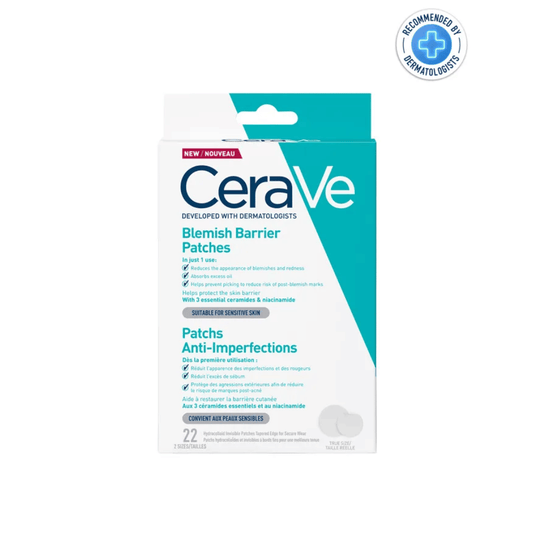 CeraVe Blemish Barrier Patches packaging featuring essential ceramides and niacinamide for blemish reduction.