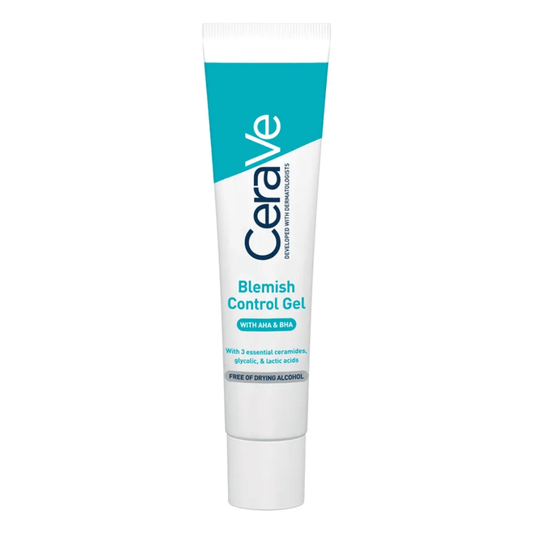 CeraVe Blemish Control Gel 40mL tube with AHA/BHA for acne-prone skin and blemish prevention.