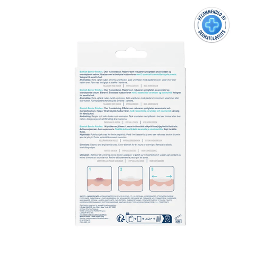 CeraVe Blemish Barrier Patches product packaging with usage instructions and dermatologist recommendation.