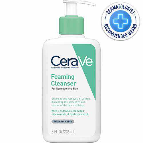 CeraVe Foaming Cleanser bottle for oily skin, removes excess oil while maintaining skin's moisture barrier.