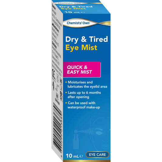 Chemists’ Own Dry and Irritated Eye Spray 10mL packaging showcasing moisturizing eye mist.