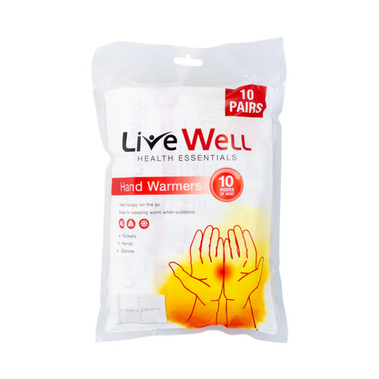 LIVE WELL HAND WARMERS **EXPIRY 6/26** pack displaying 10 pairs for instant warmth on the go.