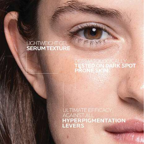 La Roche Posay Mela B3 Niacinamide Serum for Dark Spots 30ml serum texture on skin showing lightweight gel application details.