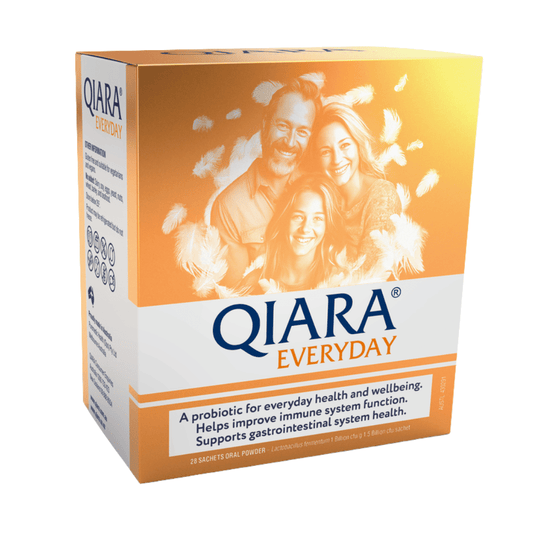Qiara Everyday Probiotic 28 Sachets box, promoting gut health and immune support with daily use.