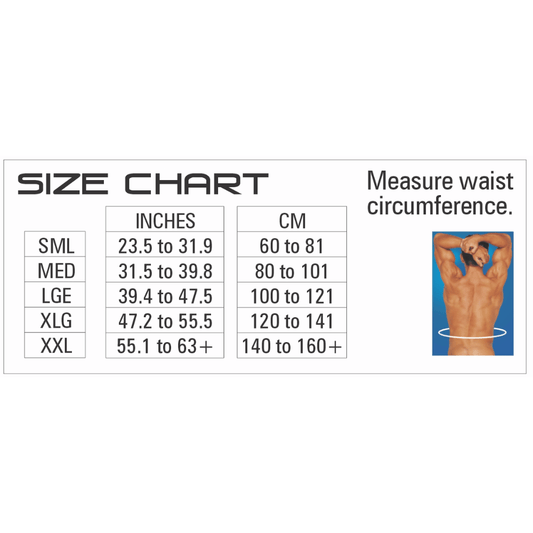 BodyAssist Dual-Strap Elastic Work Belt size chart showing measurement options in inches and cm.