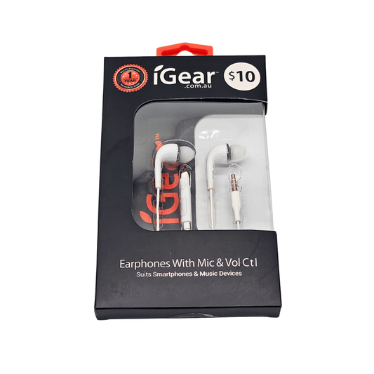 I Gear Earbuds With Mic & Vol Control White