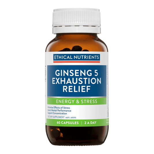Ethical Nutrients Ginseng 5 Exhaustion Relief 60 Capsules bottle for energy and stress support.