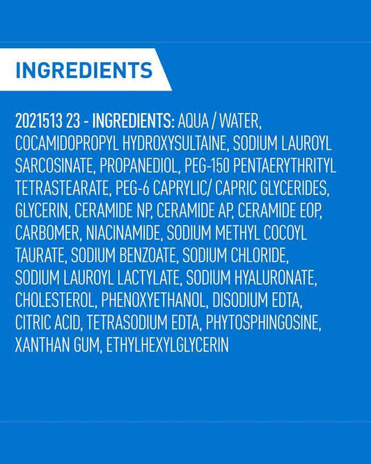 CeraVe Foaming Cleanser ingredients list including Aqua, Ceramides, Glycerin, and more, for oily skin care.