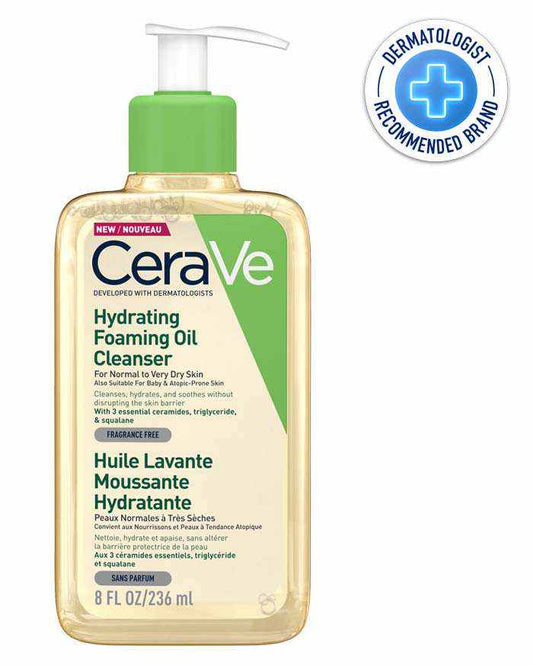 CeraVe Hydrating Foaming Oil Cleanser in a bottle, enriched for normal to dry skin and dermatologist recommended.