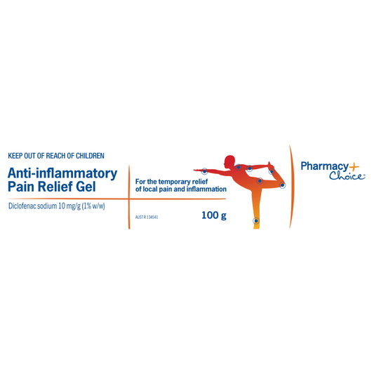 Pharmacy Choice Anti-inflammatory Pain Relief Gel 100g packaging, for temporary relief of local pain and inflammation.