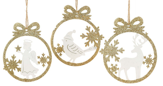 Angel, Reindeer & Bird In Glitter With Bow