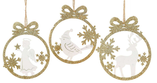 Angel, Reindeer & Bird In Glitter With Bow