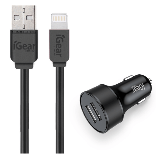 I Gear Dual USB Car Charger & Cable Black