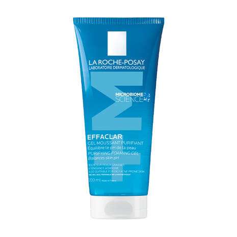 La Roche Posay Effaclar + M Purifying Foaming Gel Cleanser 200ml in a blue tube, designed for acne-prone skin.