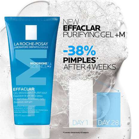 La Roche Posay Effaclar + M Purifying Foaming Gel Cleanser 200ml in a blue tube with bubbles and pimple reduction stats.