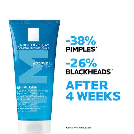 La Roche Posay Effaclar + M Purifying Foaming Gel Cleanser 200ml showing effectiveness in reducing pimples and blackheads.