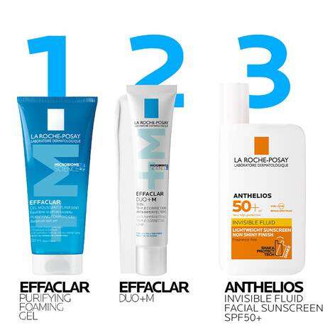 La Roche Posay Effaclar + M Purifying Foaming Gel Cleanser 200ml, Effaclar Duo + M, Anthelios SPF 50 products lineup