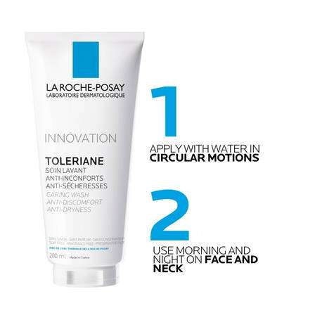 La Roche Posay Toleriane Caring Wash Hydrating Cleanser 200ml application instructions for face and neck.