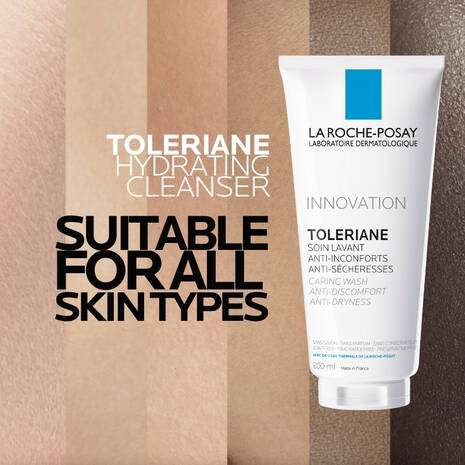 La Roche Posay Toleriane Caring Wash Hydrating Cleanser 200ml packaging on a textured background, suitable for all skin types.