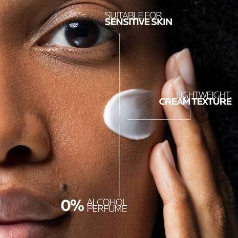 La Roche Posay Toleriane Sensitive Prebiotic Moisturiser 40ml applied on sensitive skin, showing lightweight cream texture.