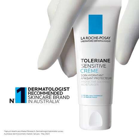 La Roche Posay Toleriane Sensitive Prebiotic Moisturiser 40ml in hand, dermatologically recommended skincare for sensitive skin.