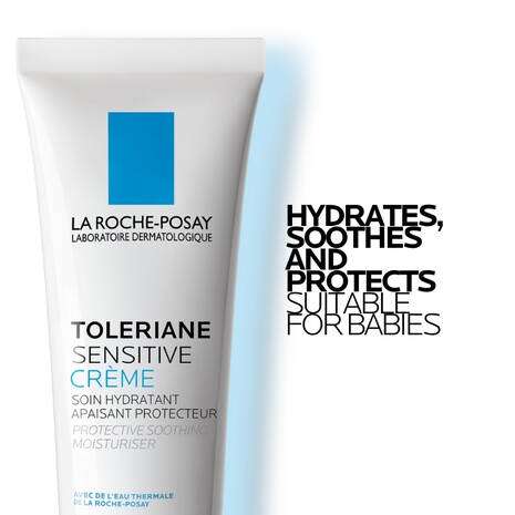 La Roche Posay Toleriane Sensitive Prebiotic Moisturiser 40ml tube with text about hydration and protection.