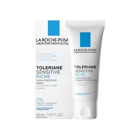 La Roche Posay Toleriane Sensitive Riche Prebiotic Cream 40ml packaging and tube with labels for sensitive skin care.
