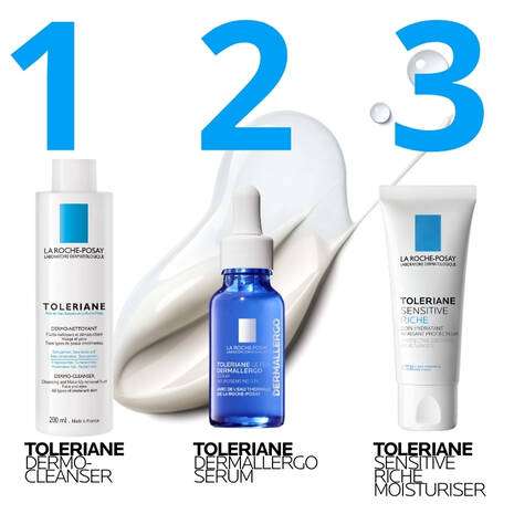 La Roche Posay Toleriane Sensitive Riche Prebiotic Cream 40ml alongside Toleriane Dermo-Cleanser and Toleriane Dermallergo Serum.