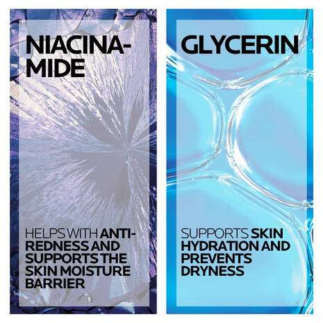 Niacinamide and Glycerin benefits for skin care, highlighting anti-redness and hydration support.