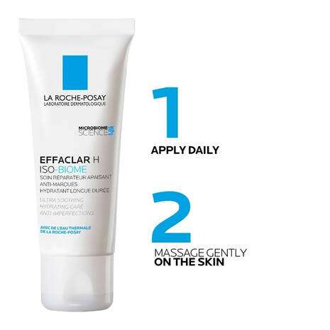 La Roche Posay Effaclar H Isobiome Moisturiser 40ml tube with application steps on label.