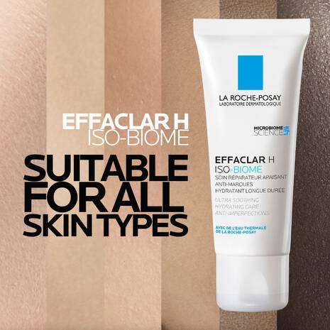 La Roche Posay Effaclar H Isobiome Moisturiser 40ml tube on a background promoting suitability for all skin types.