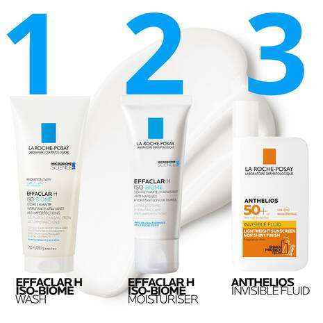 La Roche Posay Effaclar H Isobiome Moisturiser 40ml displayed with wash and sunscreen products.