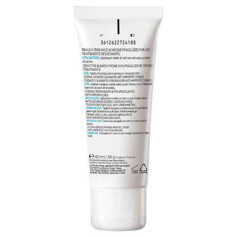La Roche Posay Effaclar H Isobiome Moisturiser 40ml tube back view with ingredients list and usage instructions.