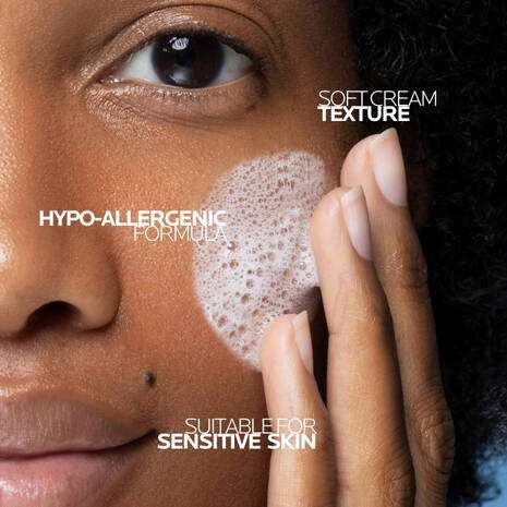 La Roche Posay Toleriane Gentle Cream Dermo-Cleanser 200ml applied to sensitive skin, showing soft cream texture and hypo-allergenic formula.