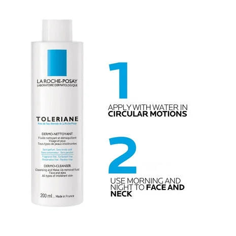 La Roche Posay Toleriane Gentle Cream Dermo-Cleanser 200ml with usage instructions for clean face and neck.