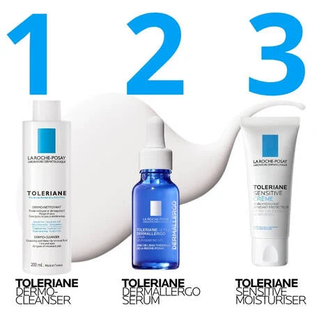 La Roche Posay Toleriane Gentle Cream Dermo-Cleanser 200ml alongside Toleriane Dermallergo Serum and Toleriane Sensitive Moisturiser.