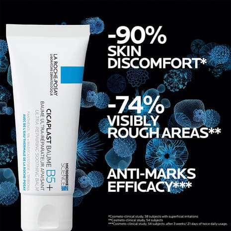 La Roche Posay Cicaplast Baume B5+ Balm Cream 100ml showing data on skin discomfort and efficacy metrics.