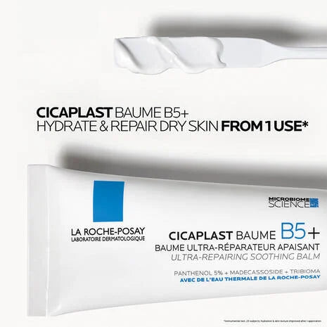 La Roche Posay Cicaplast Baume B5+ Balm Cream 100ml tube with text highlighting hydration and repair for dry skin.