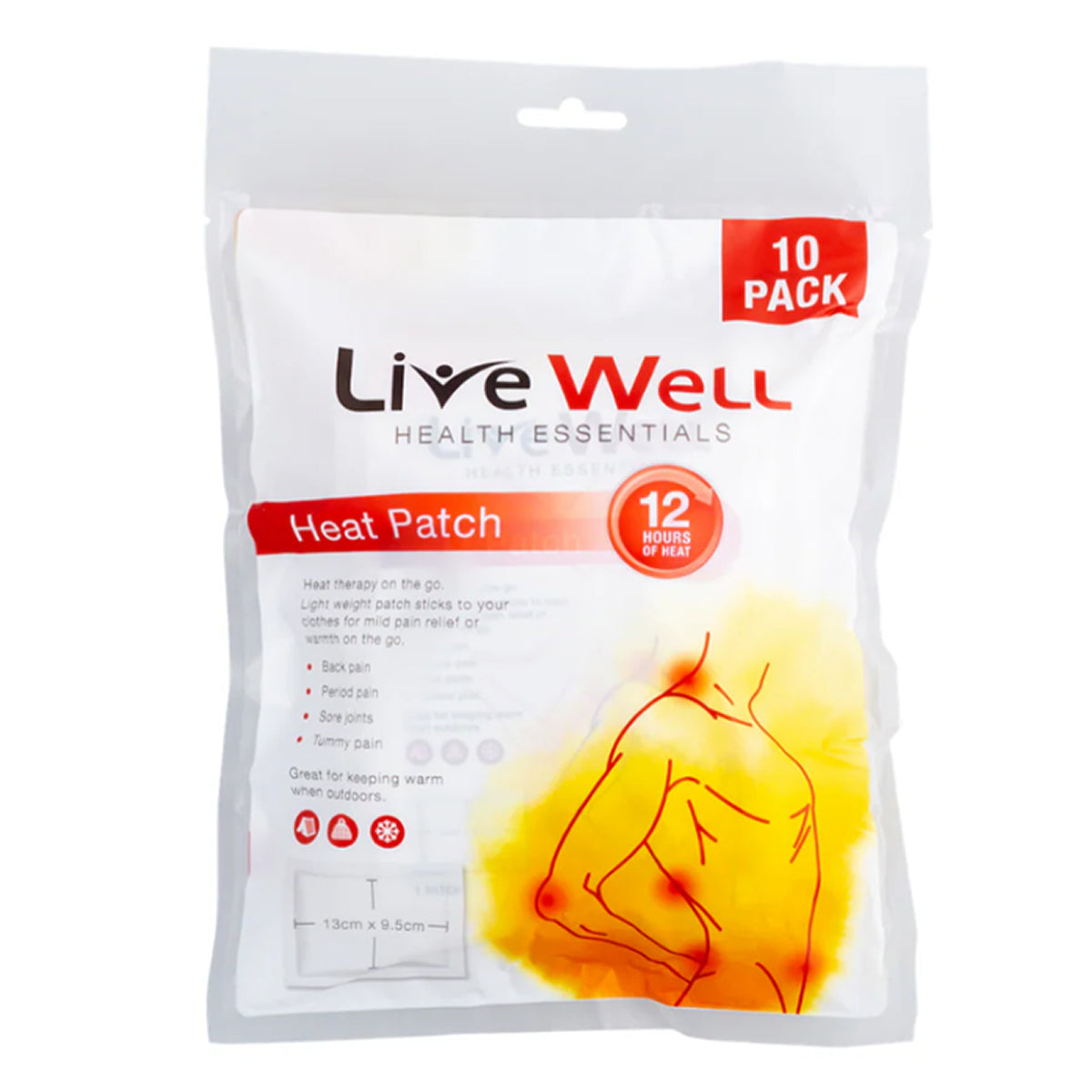 LIVE WELL HEAT PATCH **EXPIRY 6/26** 10 pack for warmth and pain relief, lasting 12 hours, ideal for on-the-go therapy.