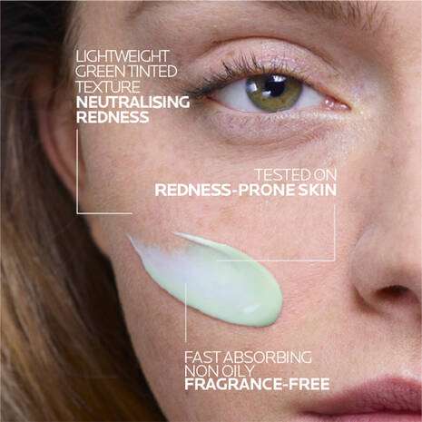 La Roche Posay Toleriane Rosaliac AR Moisturiser for Anti-Redness 40ml on redness-prone skin, lightweight green texture.