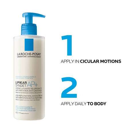 La Roche Posay Lipikar Syndet Ap+ Body Wash Shower Cream 400ml instructions for use with visuals.