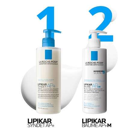 La Roche Posay Lipikar Syndet Ap+ Body Wash Shower Cream 400ml and Lipikar Baume AP+M duo for sensitive skin care.