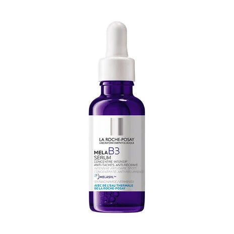 La Roche Posay Mela B3 Niacinamide Serum for Dark Spots 30ml in a purple bottle with dropper.